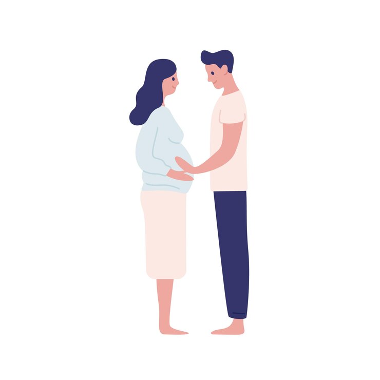 Vetor felizes futuros pais abraçando ilustração vetorial plana. homem de desenho animado sorridente tocando a barriga da fêmea grávida isolada no branco. personagem de pessoas da família curtindo a gravidez e a maternidade.
