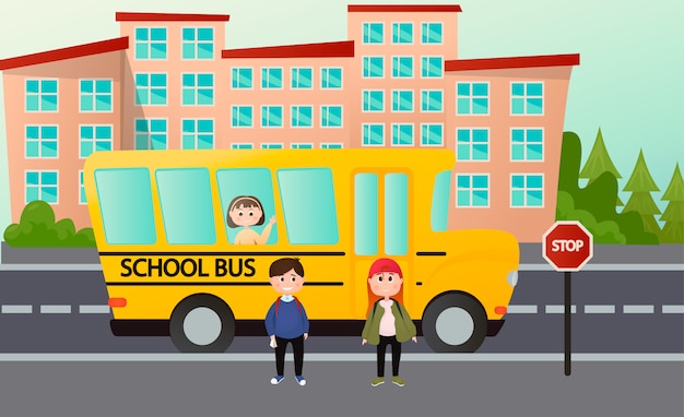 Vetor felizes lindos filhos vão para a escola de ônibus. esperando um ônibus escolar em um ponto de ônibus. ilustração