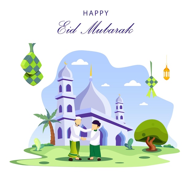 Felizes muçulmanos celebram eid mubarak apertando as mãos na frente da mesquita vetor