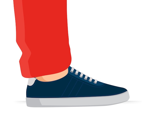 female or male leg wearing a dark blue sneaker stock illustration