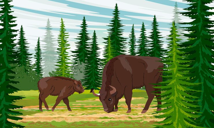 Vetor fêmea e filhote de bisonte europeu bison bonasus na borda de uma floresta de abetos
