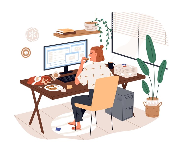 Vetor fêmea freelancer comer junk food trabalhando usar ilustração plana de vetor de computador. a mulher senta-se na mesa comendo o lanche sentindo o estresse do trabalho remoto isolado no branco. problemas de home office.