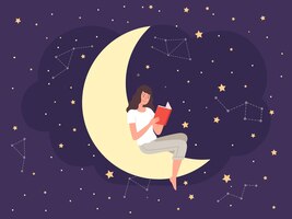 Vetor fêmea sonhando na lua a mulher leu a ilustração do vetor do conto de fadas da fantasia do livro