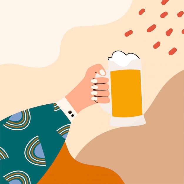 Feminino mão segurando o copo de cerveja. a mão de mulher em roupas brilhantes com padrão de memphis segurando o vidro. imagem em abstrato. bebida alcoólica. conceito de amante de cerveja. ilustração plana