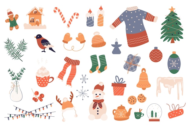Feriado de Natal 2024 mega definido em design plano gráfico Pacote de elementos de meias de gengibre de boneco de neve presentes velas guirlanda coroa de flores árvore festiva e outras decorações Adesivos de ilustração vetorial