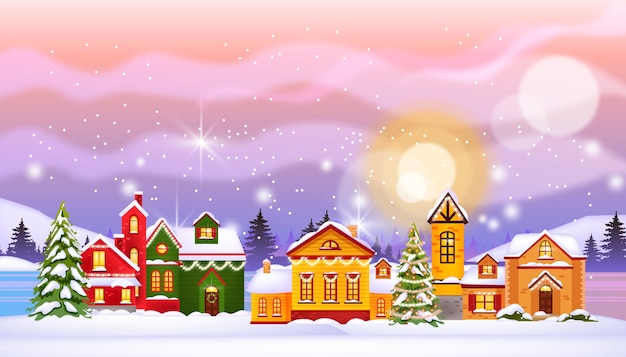 Feriado de natal, inverno, ilustração de casas com cidade na neve, céu do norte, pinheiros, rua de vila congelada