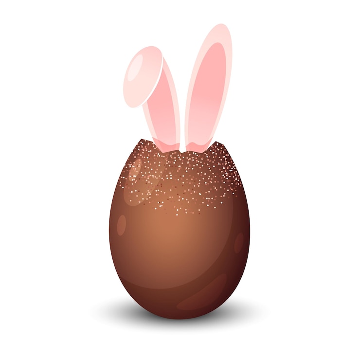 Vetor feriado de páscoa com ovo de chocolate mordido com brilhantes e orelhas de coelho isoladas em fundo branco