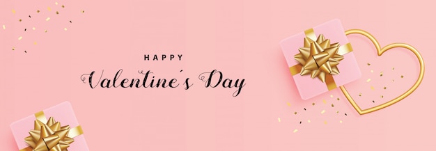 Feriado dia dos namorados, caixa de presente, moldura de coração de ouro e confetes, 3d realista