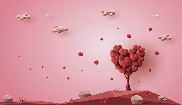 Feriado dia dos namorados, conceito de árvore do amor, baixo poli 3d, artesanato de papel origami.