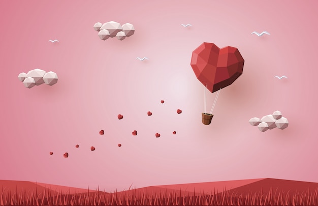 Feriado dia dos namorados, coração de balão de ar quente, baixo poli 3d, artesanato de papel origami.