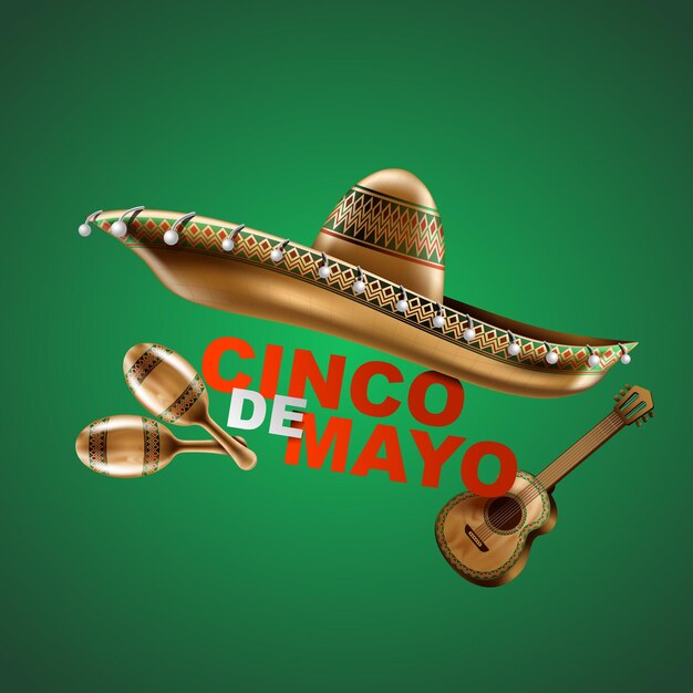 Feriado mexicano cinco de mayo sombrero chapéu maracas e tacos e ilustração vetorial de comida festiva