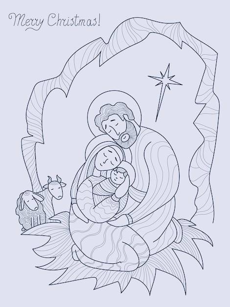 Feriado religioso Natal. Virgem Maria e José e o bebê Jesus Cristo Linha desenhada à mão