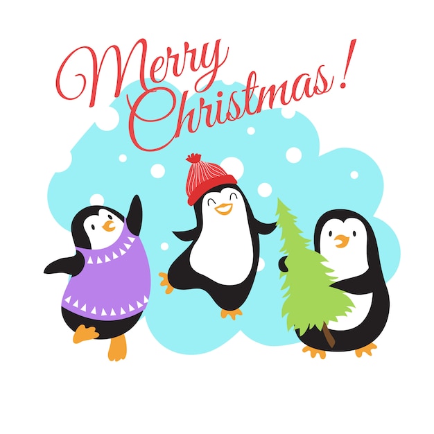 Férias de inverno de natal vector cartão com pinguins de bonito dos desenhos animados