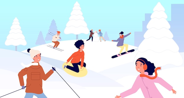 Férias de inverno para crianças. trenó de crianças, atividade de férias de natal de neve feliz. menina menino esqui snowboard com ilustração vetorial de amigos. férias de inverno na neve, atividades com pessoas fofas e alegres