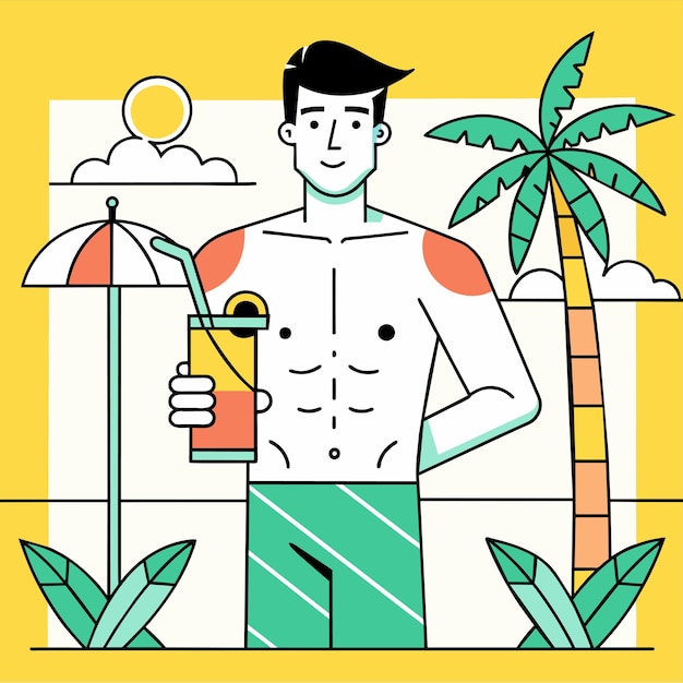 Vetor férias de praia de verão trajes de banho turísticos desenhados à mão desenho de desenho animado elegante