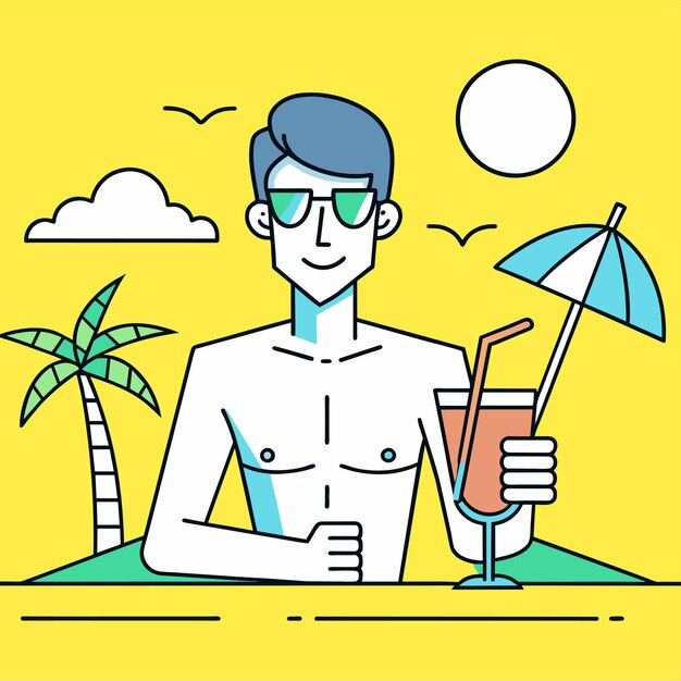 Vetor férias de praia de verão trajes de banho turísticos desenhados à mão desenho de desenho animado elegante