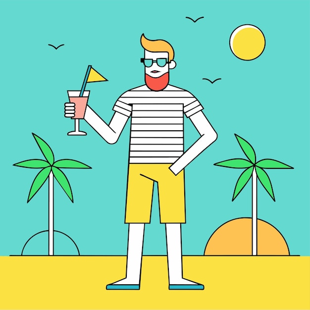 Vetor férias de praia de verão trajes de banho turísticos desenhados à mão desenho de desenho animado elegante