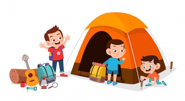 Vetor férias de verão acampamento feliz filhos bonitos ao ar livre