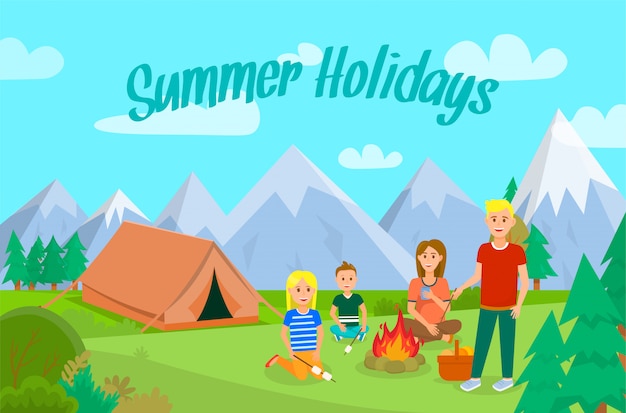 Férias de verão com layout de Banner plana de família.