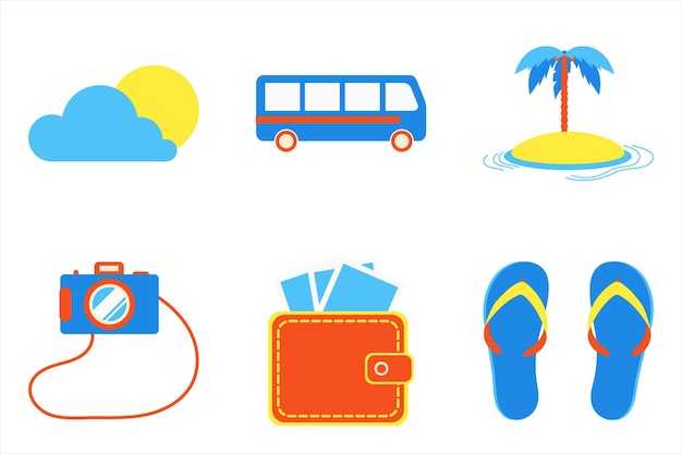 Férias de verão férias de praia elementos de estilo plano conjunto de design ilha sol nuvem ônibus câmera