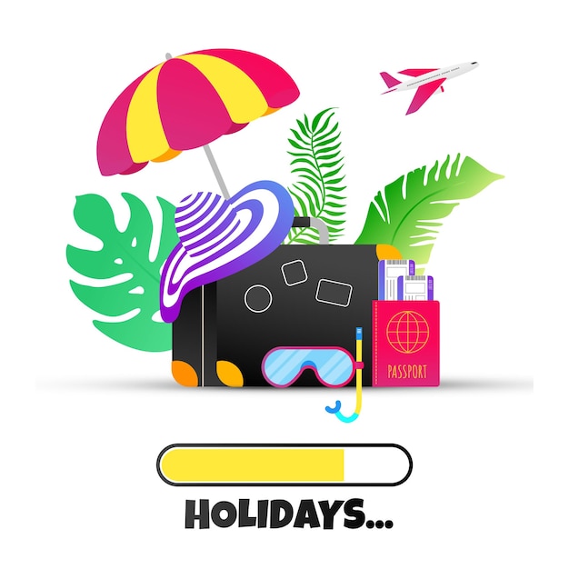 Vetor férias de verão, férias tropicais, plano, estilo, composição, design, com, progress loading bar