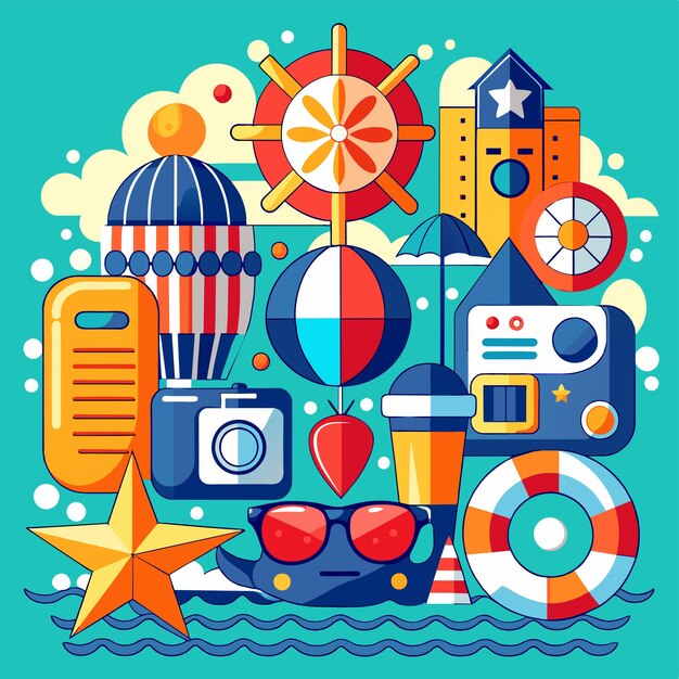 Vetor férias de verão, férias, viagens, elementos de praia, desenhos à mão, adesivos de desenho animado, conceito de ícone.