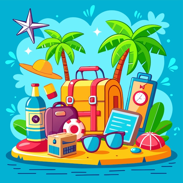 Férias de verão, férias, viagens, elementos de praia, desenhos à mão, adesivos de desenho animado, conceito de ícone.