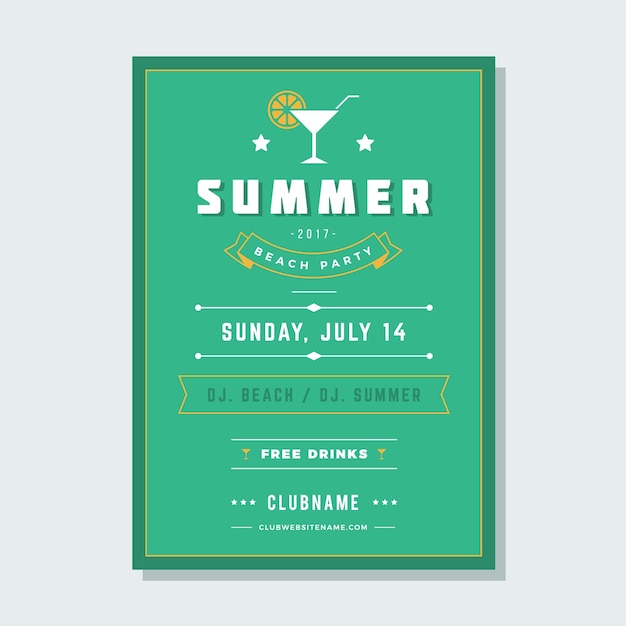 Férias de verão festa na praia panfleto tipografia clube noturno design de rótulo de evento ilustração vetorial bom para cartazes ou folhetos