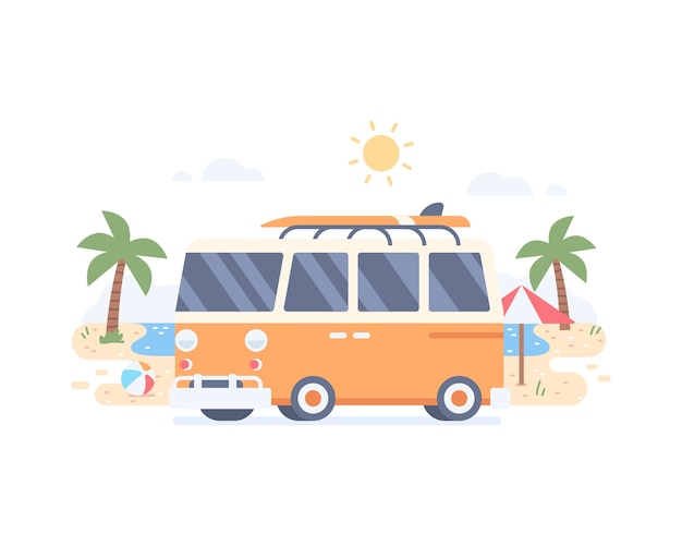 Vetor férias de verão na praia com minivan