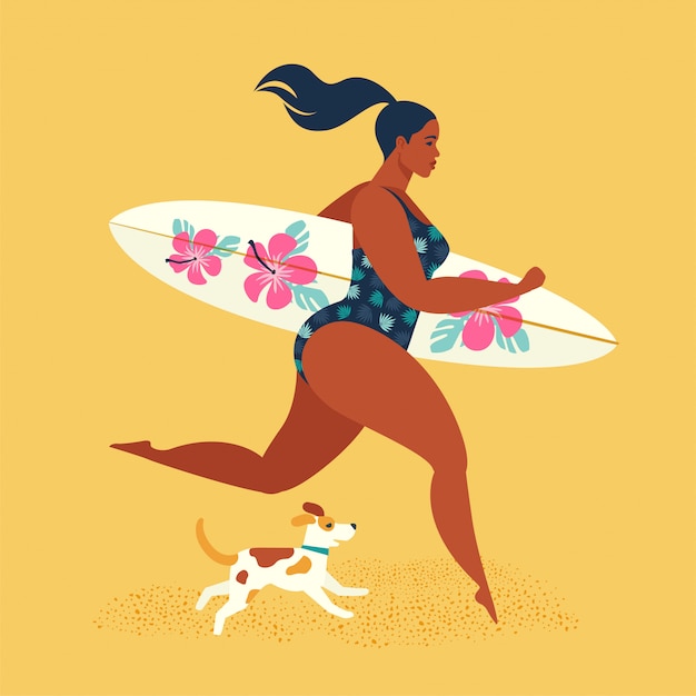 Férias de verâo. surfista de garota correndo com um cachorro.