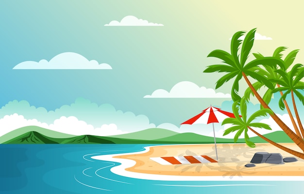 Férias na praia tropical mar palmeira verão paisagem ilustração