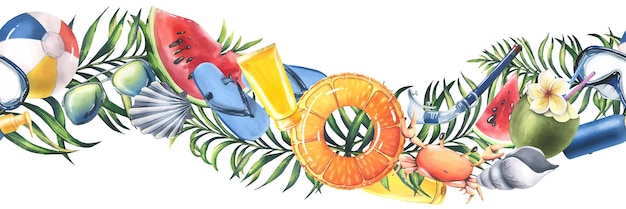 Vetor férias tropicais de verão na praia com folhas de palmeira máscara de mergulho frutas brinquedos infláveis aquarela ilustração mão desenhada borda sem costura em um fundo branco