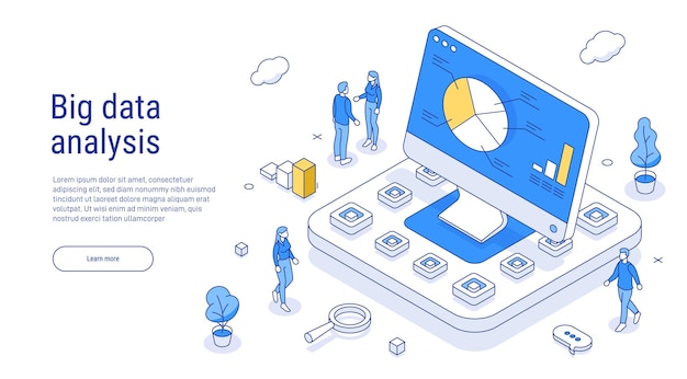 Vetor ferramenta de análise de big data esboço conceito isométrico gráfico ou diagrama em uma tela de computador