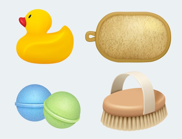 Ferramentas de banho Símbolos de auto-higiene ferramentas de lavagem creme shampoo toalhinha sabonete decente vetor modelos de imagens realistas