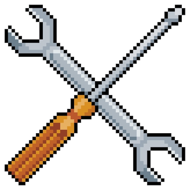 Ferramentas de chave de fenda e chave inglesa do pixel art. item de jogo de bits no fundo branco