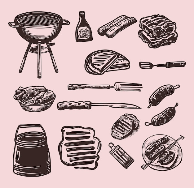 Ferramentas de churrasco e conjunto de design vetorial de carne