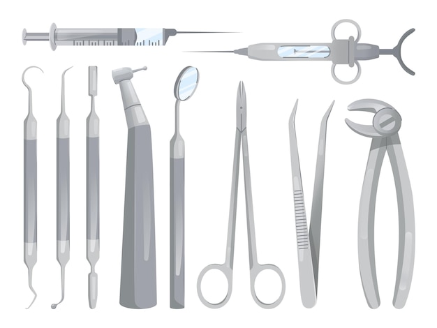 Ferramentas de cirurgia dentária Ferramentas dentárias cirúrgicas de aço estomatologia acessórios ortodônticos ou cirurgião equipamentos de operação de dentes pinças pinças odontologia ilustração vetorial elegante