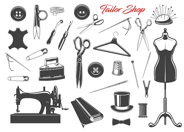 Vetor ferramentas de costura e pinos de botões de linhas de agulha