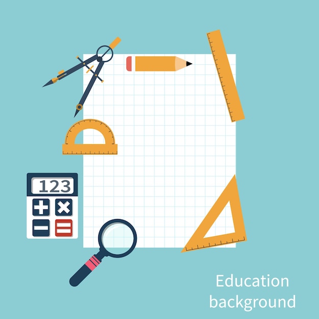 Vetor ferramentas de desenho fundo de educação conjunto de réguas bússola lupa uma calculadora um lápis folha com espaço para texto