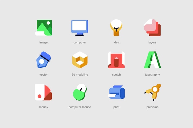 Vetor ferramentas de design de ícones da web definidas em design plano pacote de camada de ideia de computador de imagem esboço de modelagem 3d