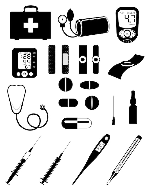 Vetor ferramentas de equipamentos de ícones de conjunto médico e objetos silhueta de contorno preto ilustração vetorial de estoque