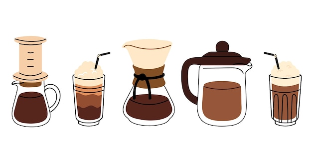 Ferramentas de fabricação de café, máquinas de servir café e bebidas geladas em fundo branco