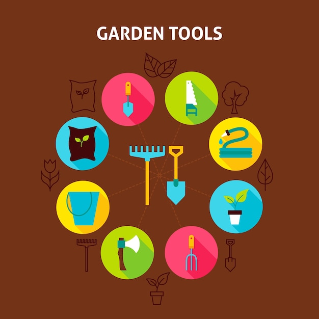 Ferramentas de jardim de conceito. ilustração em vetor de círculo de infográficos de natureza primavera com ícones planas.