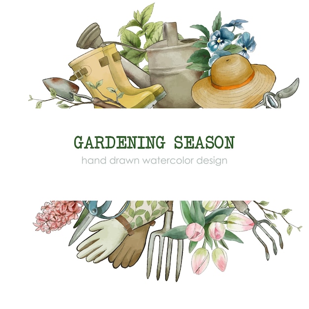 Ferramentas de jardinagem banner estilo aquarela vintage desenhado à mão
