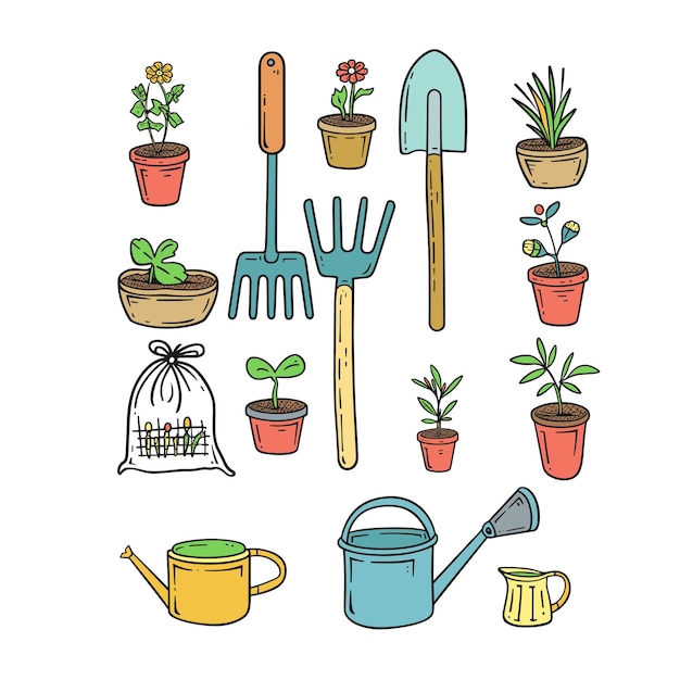 Ferramentas de jardinagem coloridas desenham plantas em vasos, equipamentos de jardim desenhados à mão, vasos de flores.