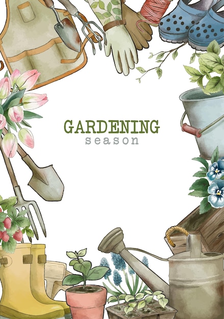 Ferramentas de jardinagem emolduram estilo aquarela vintage desenhado à mão