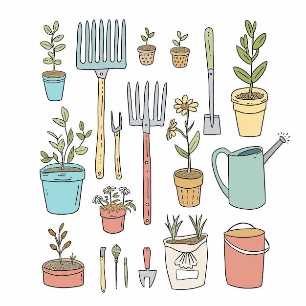 Ferramentas de jardinagem plantas ilustração vetorial desenho colorido equipamentos de jardim desenhado à mão jardim