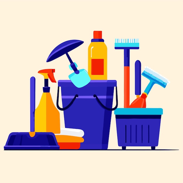 Vetor ferramentas de limpeza guardanapo balde vassoura luvas esfregona garrafas de detergente ou desinfetante conjunto vetor vetor il