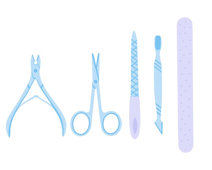 Vetor ferramentas de manicure manicure tesoura pinças empurrador de limas de unha ilustração desenhada à mão