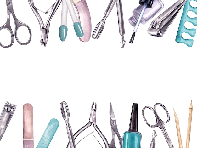 Ferramentas de manicure paleta de cores Quadro horizontal com espaço de cópia para texto Instrumentos cosméticos para manicure e pedicure Colocado em cores turquesa Ilustração a aquarela